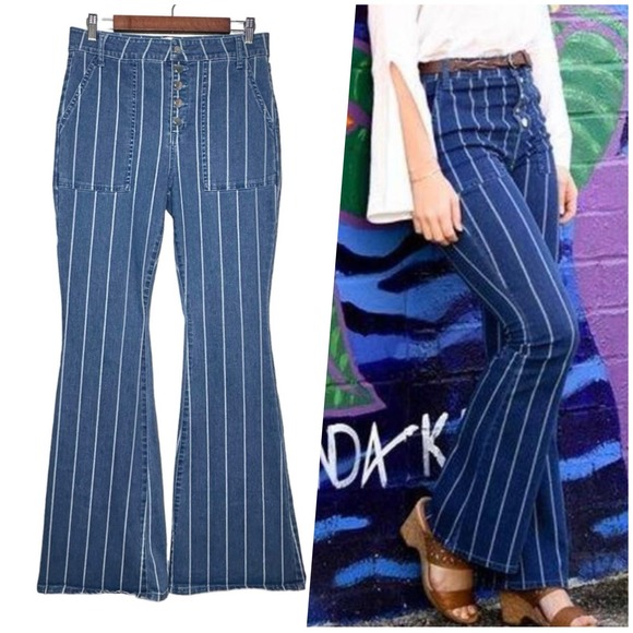 Gianni Bini Denim - Gianni Bini | Women | Striped Herringbone High Rise Button Fly Flare Jeans | 11